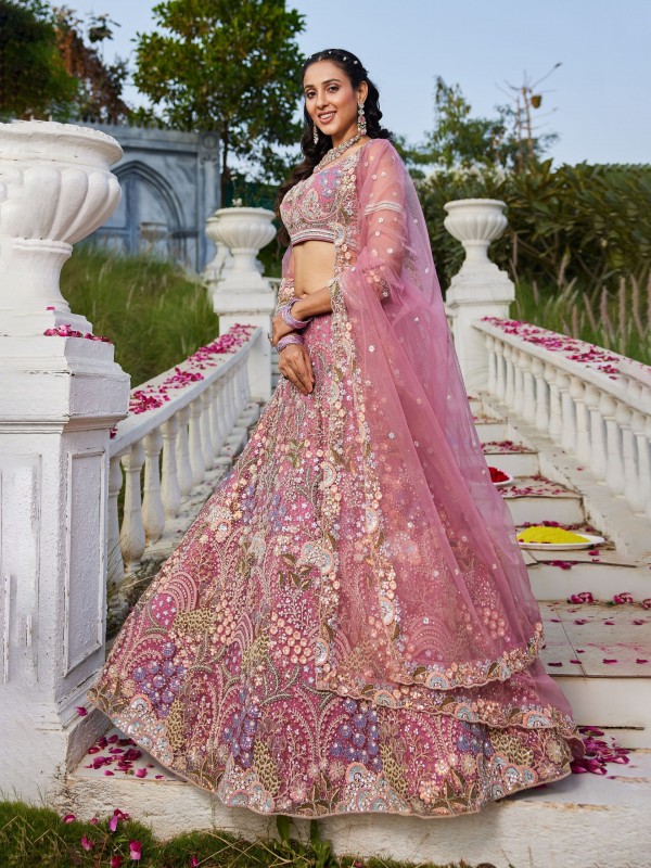Soft Premium Net Fabric Lehenga In Pink Color With Embroidery Work & Zarkan Work    