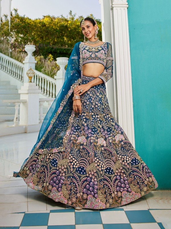 Soft Premium Net Fabric Lehenga In Navy Blue Color With Embroidery Work & Zarkan Work    