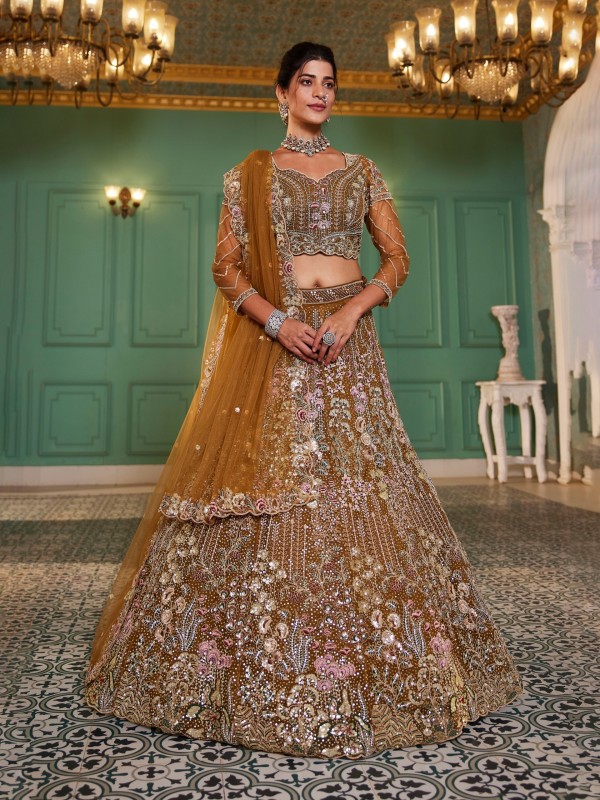 Soft Premium Net Fabric Lehenga In Mustard Color With Embroidery & Sequence Work    