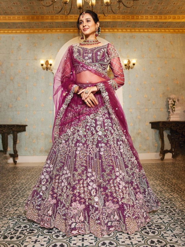 Soft Premium Net Fabric Lehenga In Burgundy Color With Embroidery & Sequence Work    