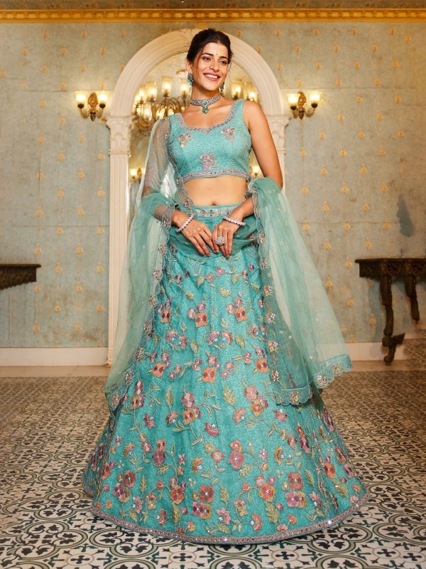 Soft Premium Net Fabric Lehenga In Lime Green Color With Embroidery & Sequence Work    