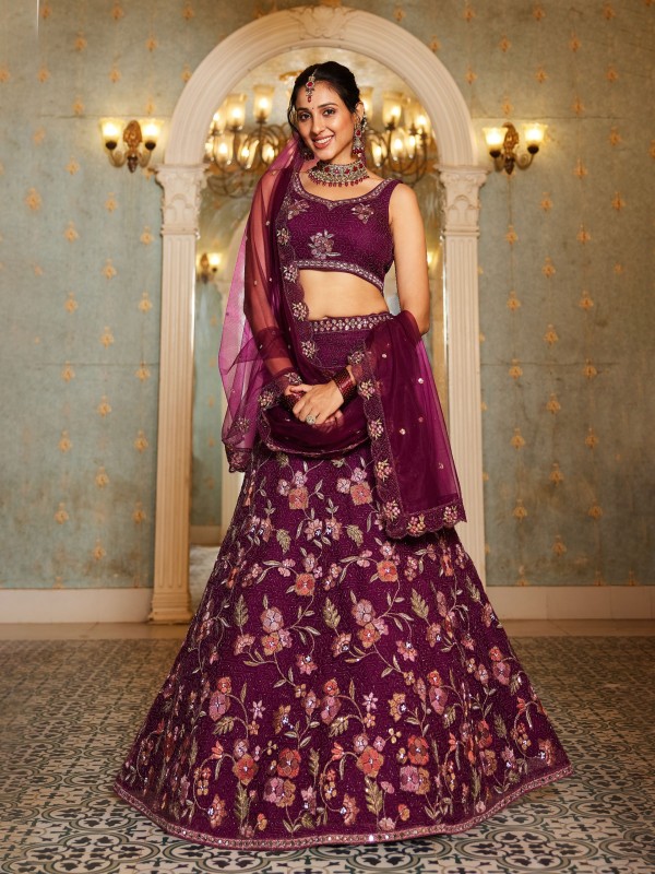 Soft Premium Net Fabric Lehenga In Burgundy Color With Embroidery & Sequence Work    