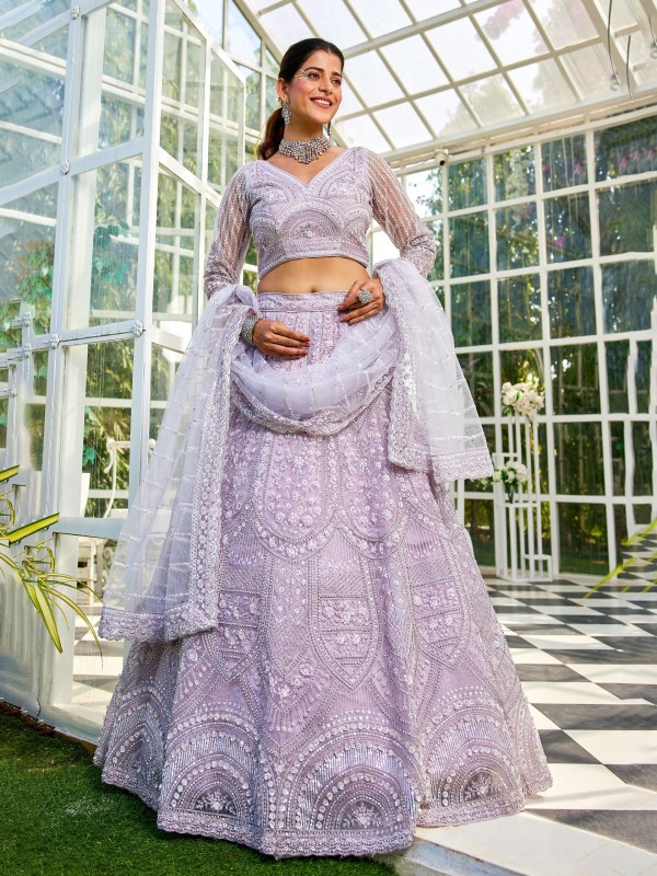 Soft Premium Net Fabric Lehenga In Lavender Color With Embroidery & Flower beads Work    