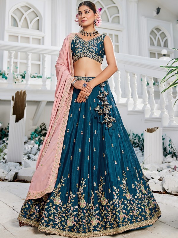 Pure Chiffon fabric Party Wear Lehenga In Rose Gold Color With Embroidery Work 