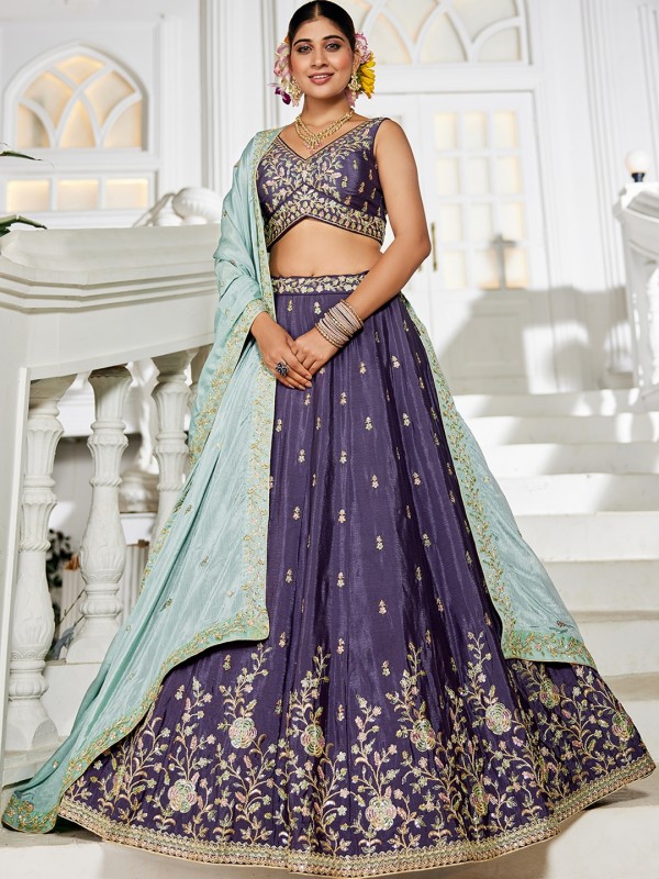 Pure Chiffon fabric Party Wear Lehenga In Violet Color With Embroidery Work 