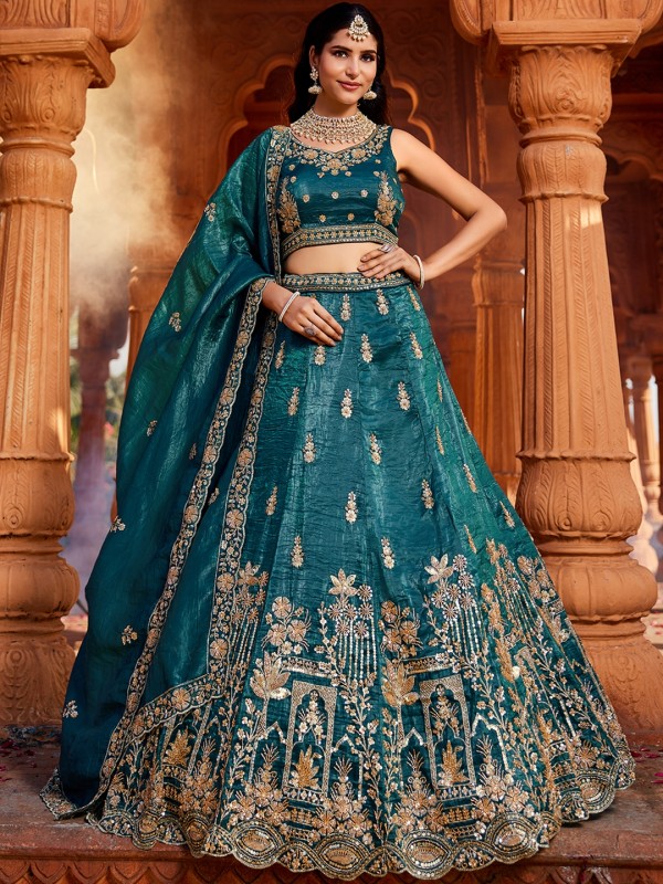 Pure Tissue Silk Fabric Wedding Wear Lehenga In Teal Color With Embroidery Work    