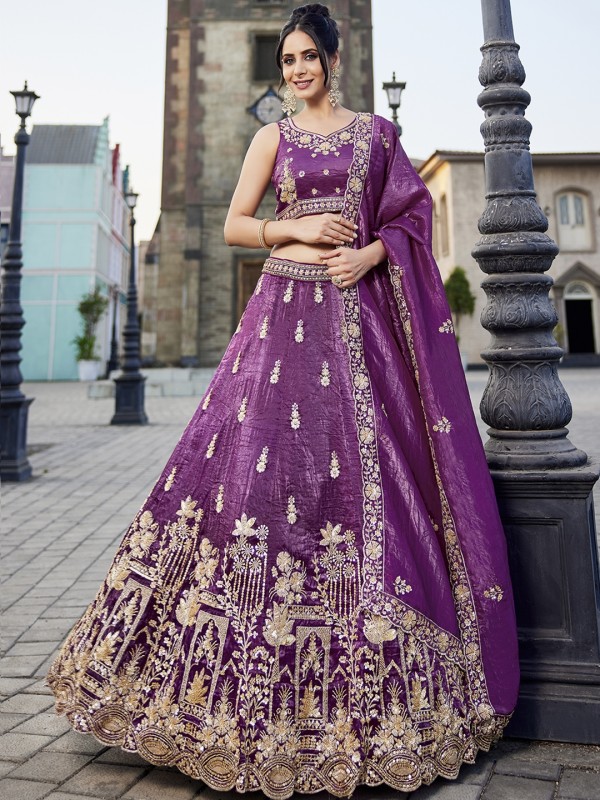 Pure Tissue Silk Fabric Wedding Wear Lehenga In Burgundy Color With Embroidery Work    