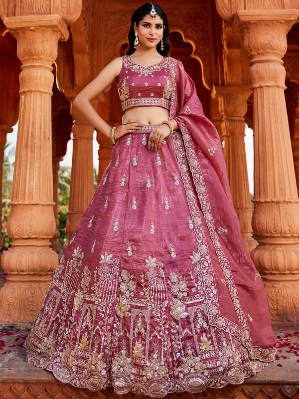 Pure Tissue Silk Fabric Wedding Wear Lehenga In Pink Color With Embroidery Work    