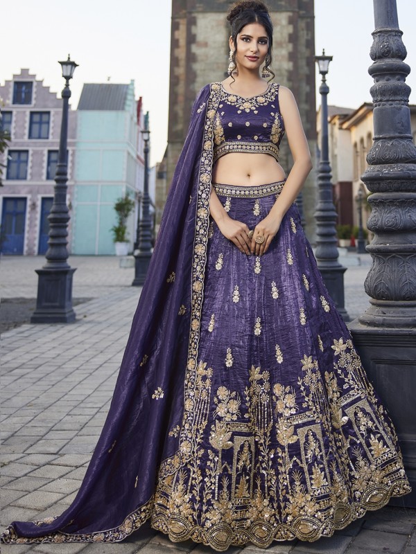 Pure Tissue Silk Fabric Wedding Wear Lehenga In Purple Color With Embroidery Work    