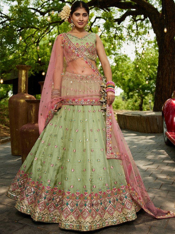Pure Tissue Silk fabric Wedding Wear Lehenga In Lime green Color With Embroidery Work 