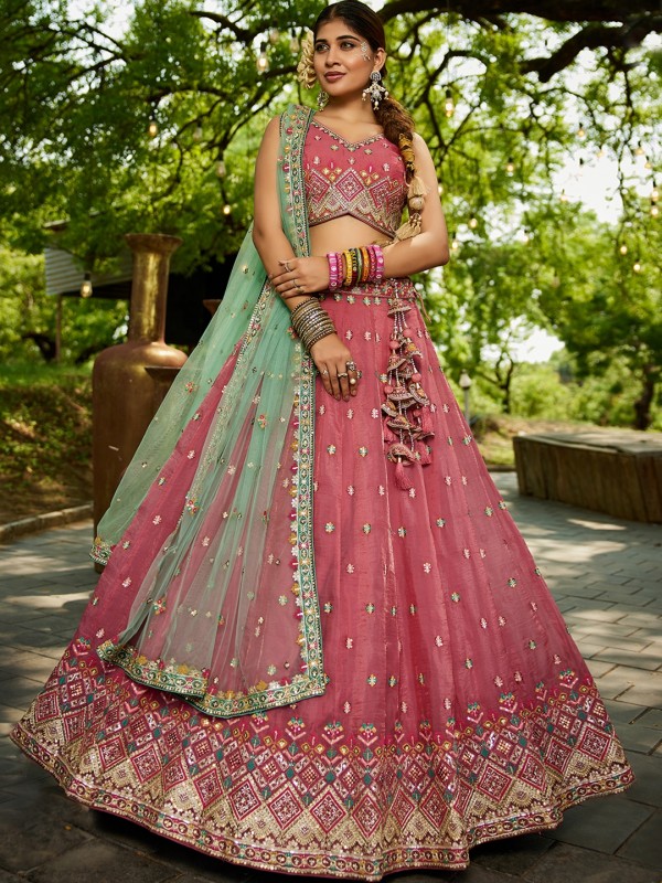 Pure Tissue Silk fabric Wedding Wear Lehenga In Pink Color With Embroidery Work 