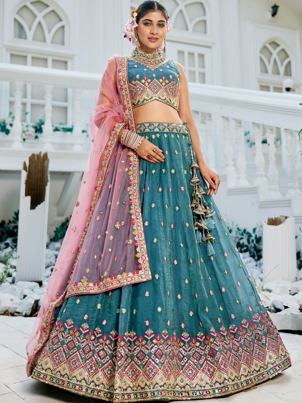Pure Tissue Silk fabric Wedding Wear Lehenga In Teal Color With Embroidery Work 