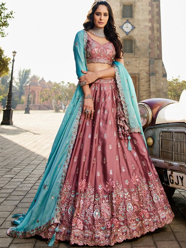 Pure Georgette Silk fabric Wedding Wear Lehenga In Rose Gold Color With Embroidery Work 