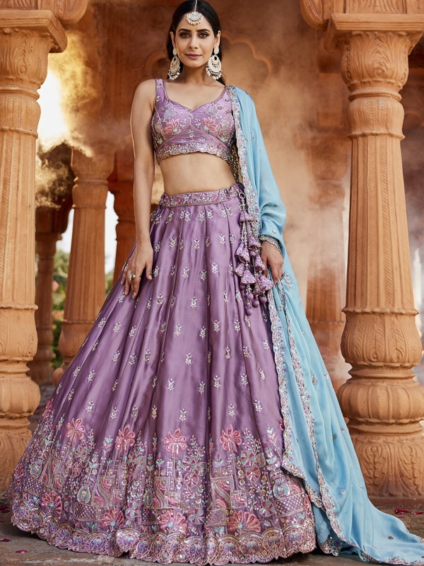 Pure Georgette Silk fabric Wedding Wear Lehenga In Lavender Color With Embroidery Work 