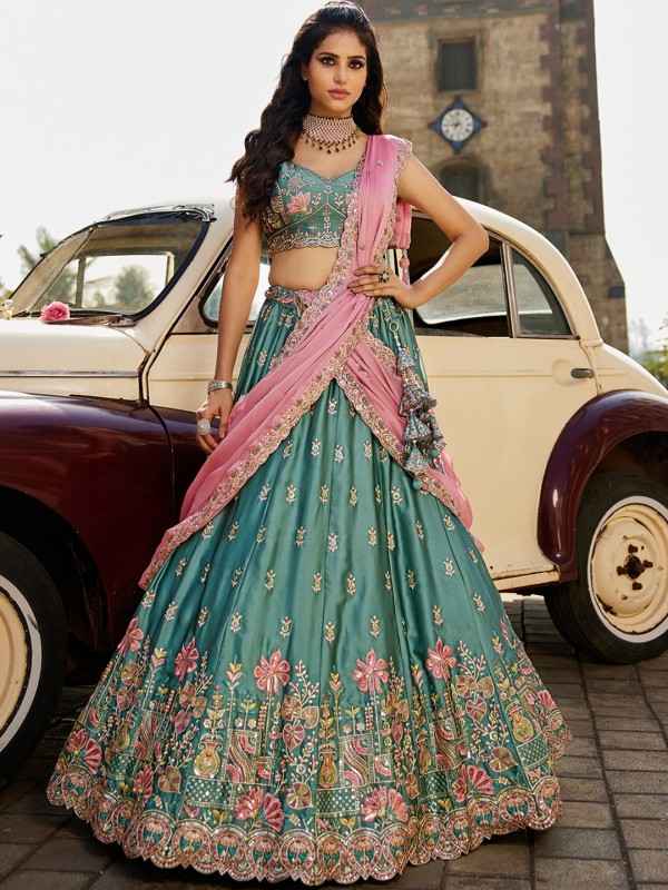 Pure Georgette Silk fabric Wedding Wear Lehenga In Lime Green Color With Embroidery Work 
