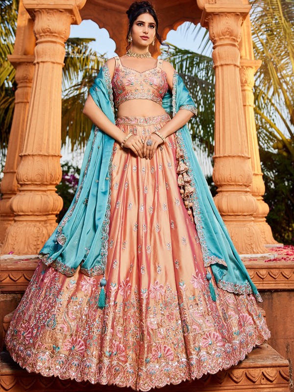 Pure Georgette Silk fabric Wedding Wear Lehenga In Nude Color With Embroidery Work 