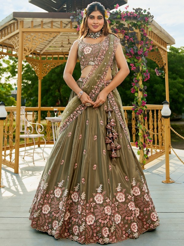 Pure Satin Silk fabric Party Wear Lehenga In Olive Color With Embroidery Work 