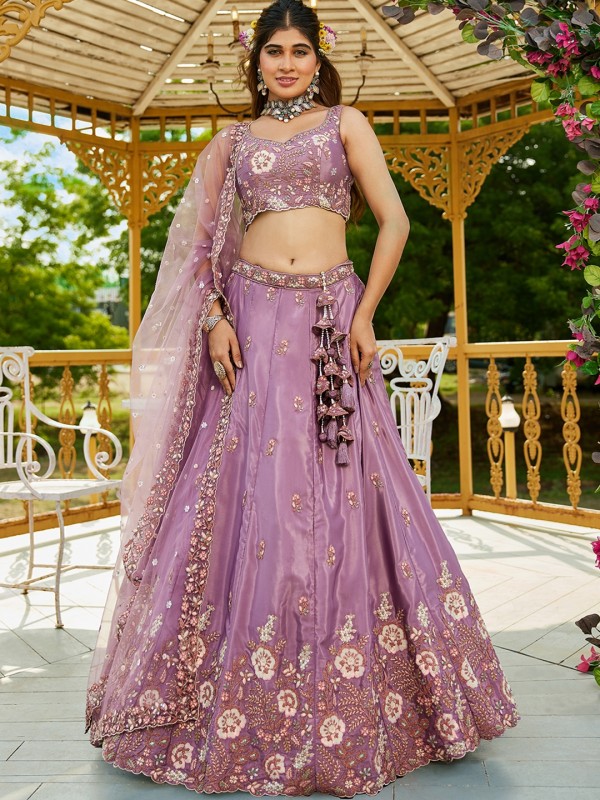 Pure Satin Silk fabric Party Wear Lehenga In Rose gold Color With Embroidery Work 