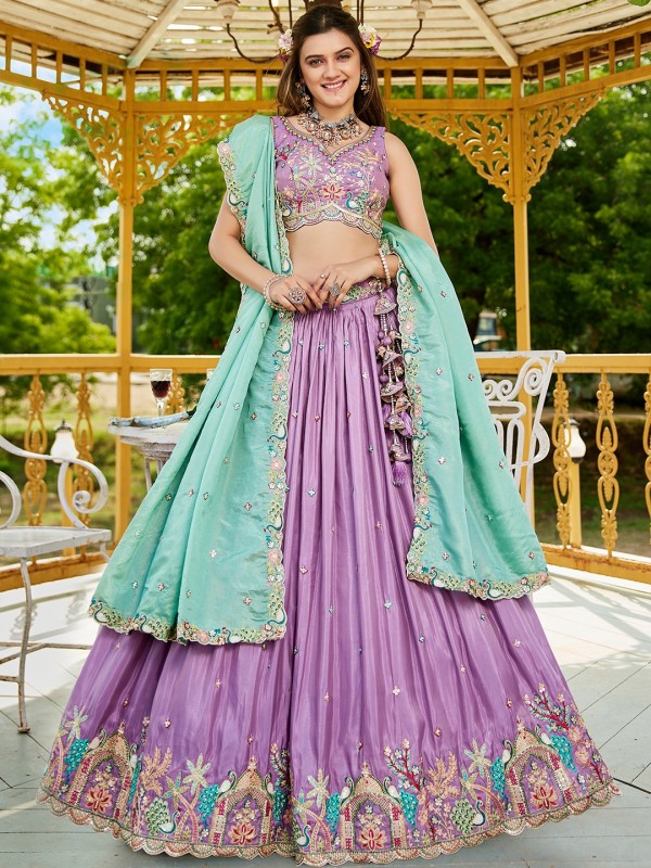 Pure Satin Silk fabric Party Wear Lehenga In Lavender Color With Embroidery Work 