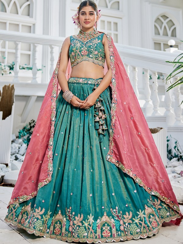 Pure Satin Silk fabric Party Wear Lehenga In Sea Green Color With Embroidery Work 