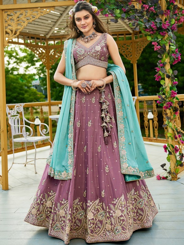Pure Chiffon Silk fabric Wedding Wear Lehenga In Rose Gold Color With Embroidery Work 