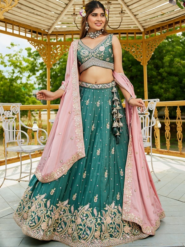 Pure Chiffon Silk fabric Wedding Wear Lehenga In Teal Color With Embroidery Work 