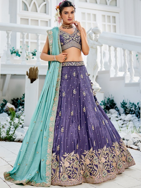Pure Chiffon Silk fabric Wedding Wear Lehenga In Purple Color With Embroidery Work 