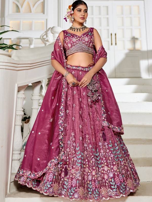 Pure Tissue Silk fabric Party Wear Lehenga In Burgundy Color With Embroidery Work 