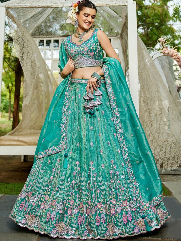 Pure Tissue Silk fabric Party Wear Lehenga In Sea Green Color With Embroidery Work 