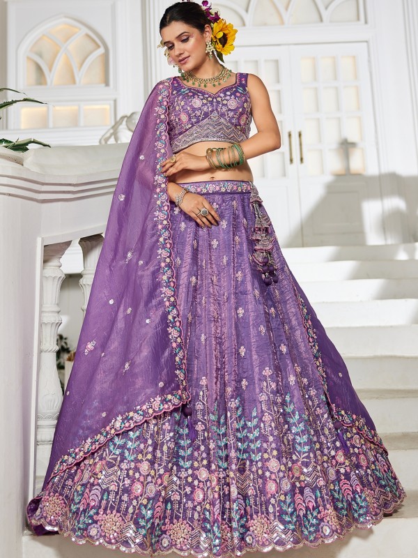 Pure Tissue Silk fabric Party Wear Lehenga In Purple Color With Embroidery Work 