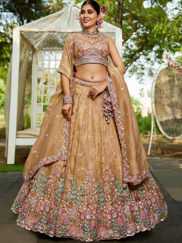 Pure Tissue Silk fabric Party Wear Lehenga In Beige Color With Embroidery Work 