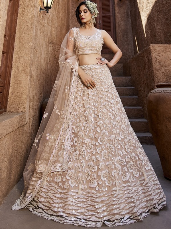Soft Premium Net Fabric Wedding Wear Lehenga In Nude Color With Embroidery Work    