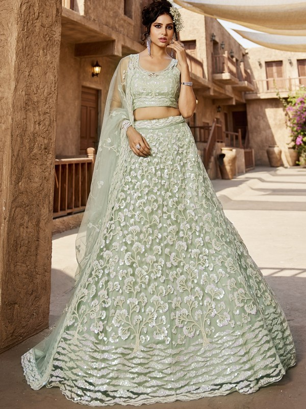 Soft Premium Net Fabric Wedding Wear Lehenga In Lime Green Color With Embroidery Work    