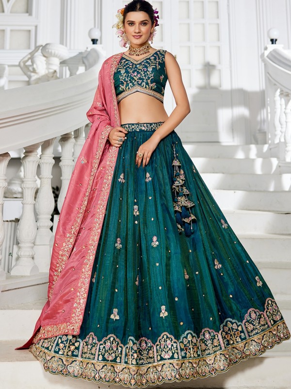 Pure Satin Silk fabric Party Wear Lehenga In Teal Color With Embroidery Work 