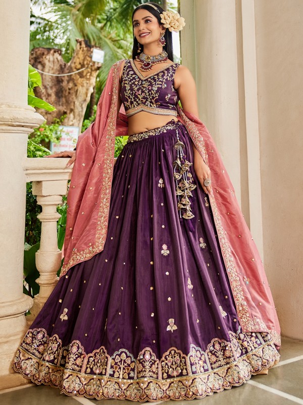 Pure Satin Silk fabric Party Wear Lehenga In Burgundy Color With Embroidery Work 