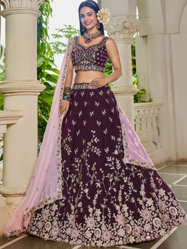 Pure Organza Silk Fabric Lehenga Burgundy Color Lehenga With Embroidery Work 