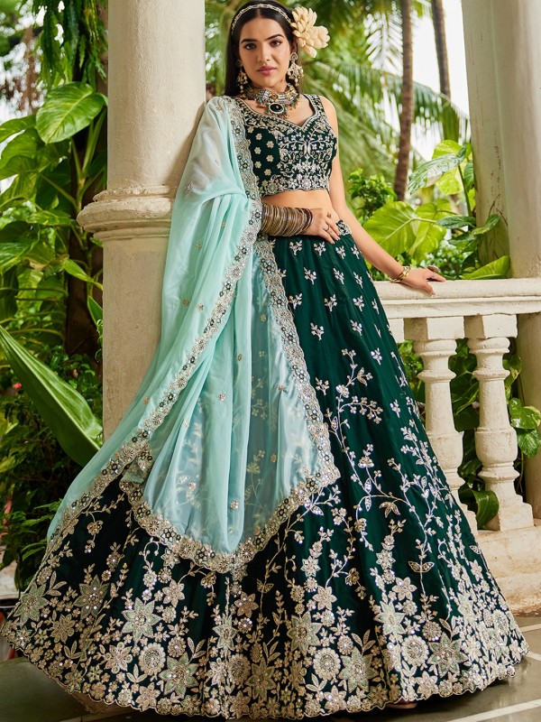 Pure Organza Silk Fabric Lehenga Green Color Lehenga With Embroidery Work 