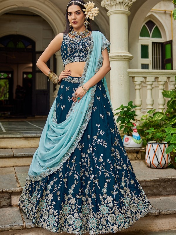 Pure Organza Silk Fabric Lehenga Navy Blue Color Lehenga With Embroidery Work 