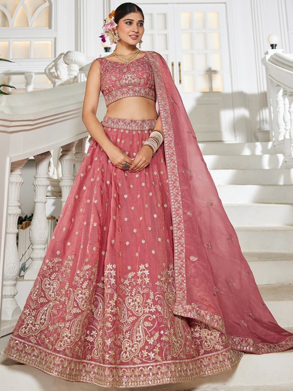 Pure Tissue Silk Fabric Lehenga In Pink Color With Embroidery Work 