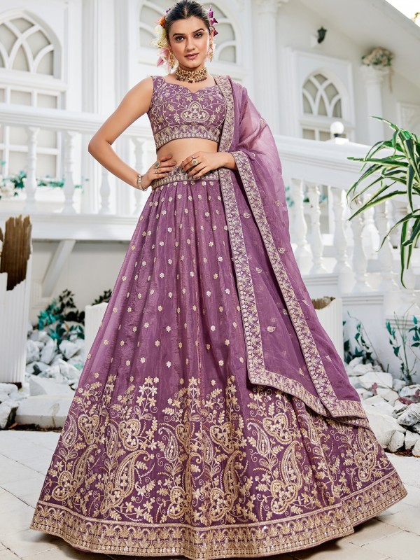 Pure Tissue Silk Fabric Lehenga Lavender Color Lehenga With Embroidery Work 