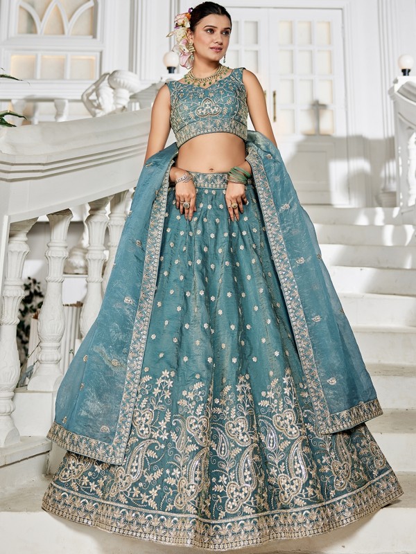 Pure Tissue Silk Fabric Lehenga In Sea Green Color With Embroidery Work 