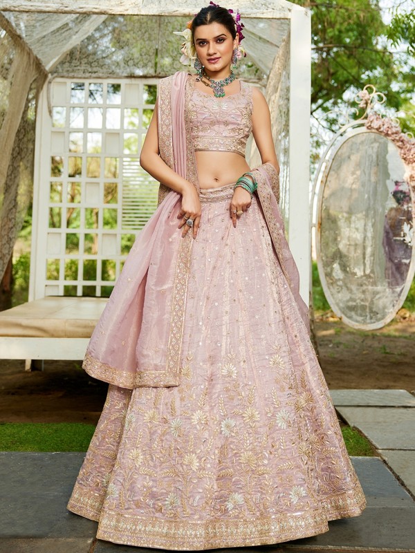 Pure Tissue Silk Fabric Lehenga In Mauve Color With Embroidery Work 