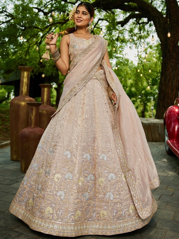 Pure Tissue Silk Fabric Lehenga In Nude Color With Embroidery Work 