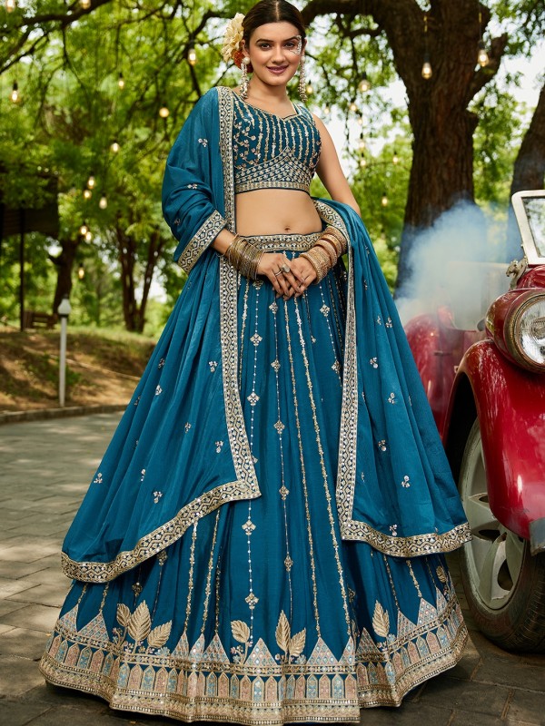 Georgette Silk Party wear Lehenga In Teal Color With Embroidery Work 