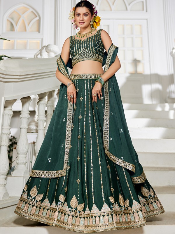 Georgette Silk Party wear Lehenga In Green Color With Embroidery Work 