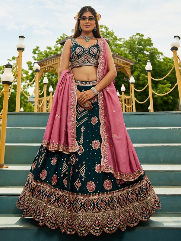 Georgette Silk Party wear Lehenga In Green Color With Embroidery Work 