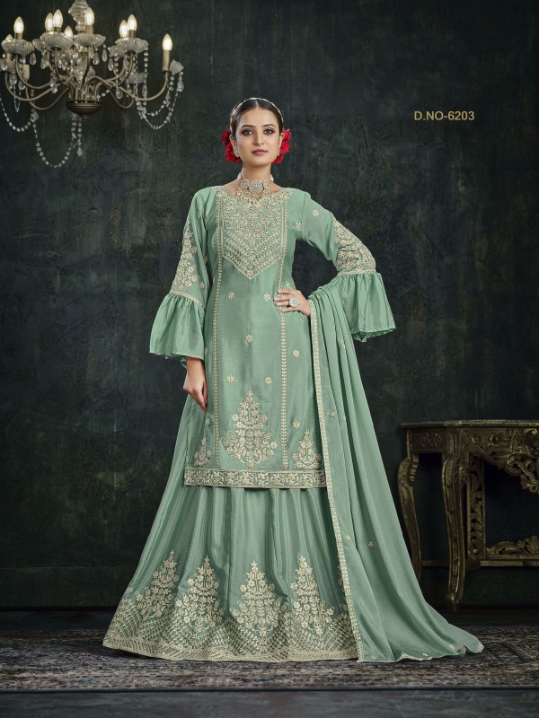 Heavy Chinon Party Wear Sarara in Turquoise Color with  Embroidery Work