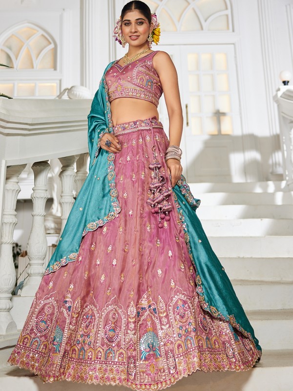 Pure Tissue Silk fabric Wedding Wear Lehenga In Pink Color With Embroidery Work 