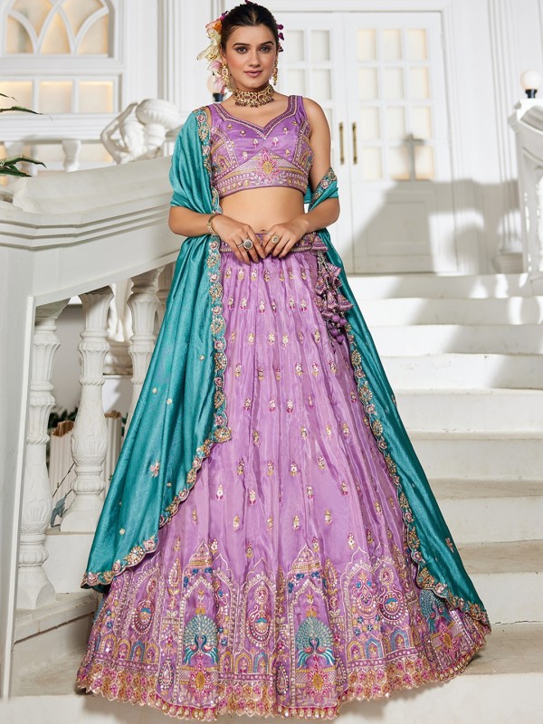 Pure Tissue Silk fabric Wedding Wear Lehenga In Lavender Color With Embroidery Work 