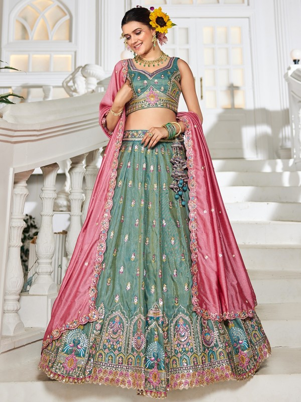 Pure Tissue Silk fabric Wedding Wear Lehenga In Sea Green Color With Embroidery Work 